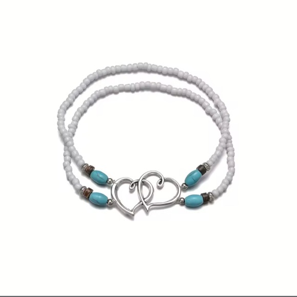 Silver Heart Charm Bracelet with White and Blue Beads - Picture 2 of 6
